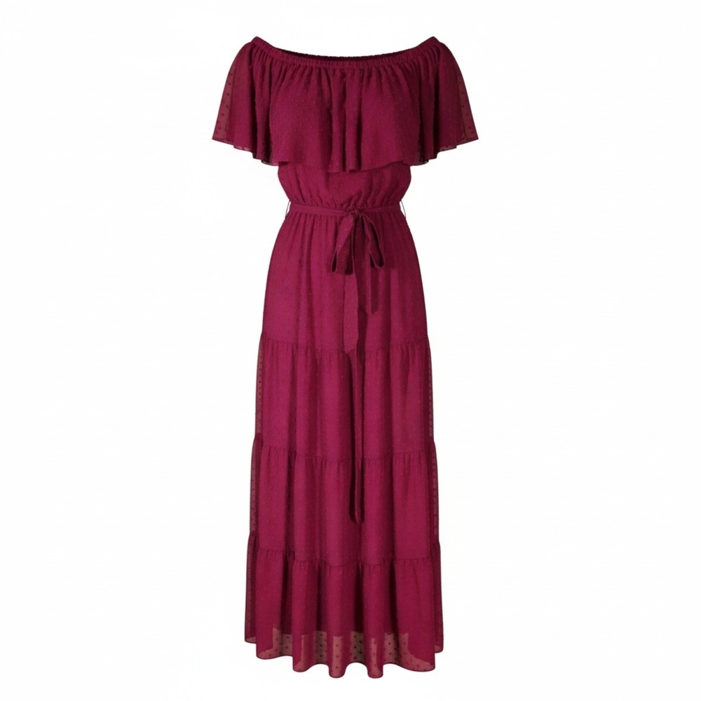 Burgandy Summer Off-Shoulder Maxi Dress Sheer